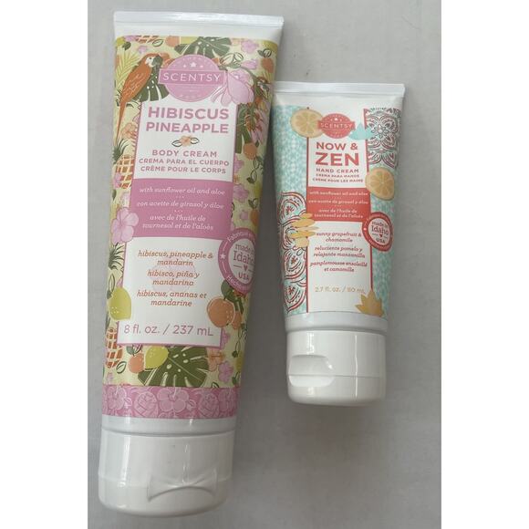 Scentsy Hibiscus Pineapple Body Cream 8 Fl. Oz Now & Zen Hand Cream 2.7 Fl. Oz - Picture 1 of 6